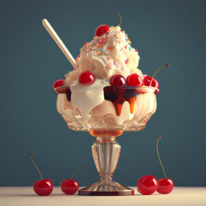 Ice cream sundae with cherries and whipped cream