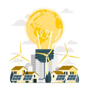 Graphic illustration of energy, lightbulb, homes, solar and wind power